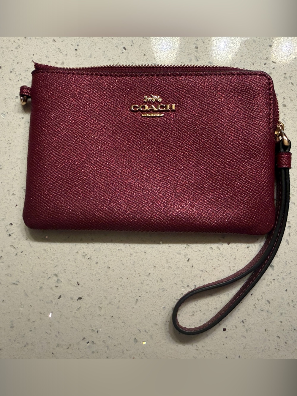 Coach Burgundy Saffiano Leather Wristlet with Gold Logo